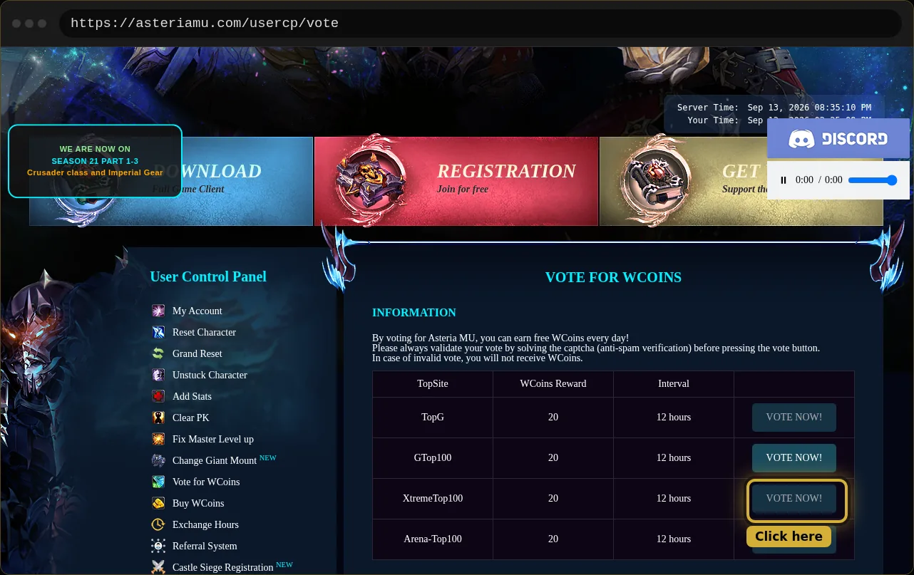 The Asteria MU vote table with the XtremeTop100 button highlighted