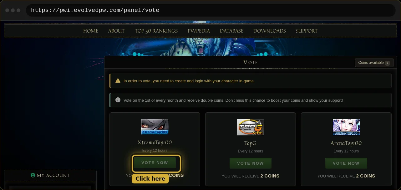 The Evolved Perfect World vote page with the XtremeTop100 button highlighted