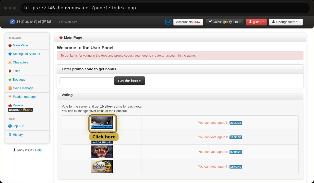 The Heaven PW user panel with the XtremeTop100 row highlighted