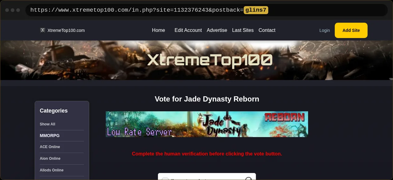 The XtremeTop100 vote page, with the account name highlighted in the address bar