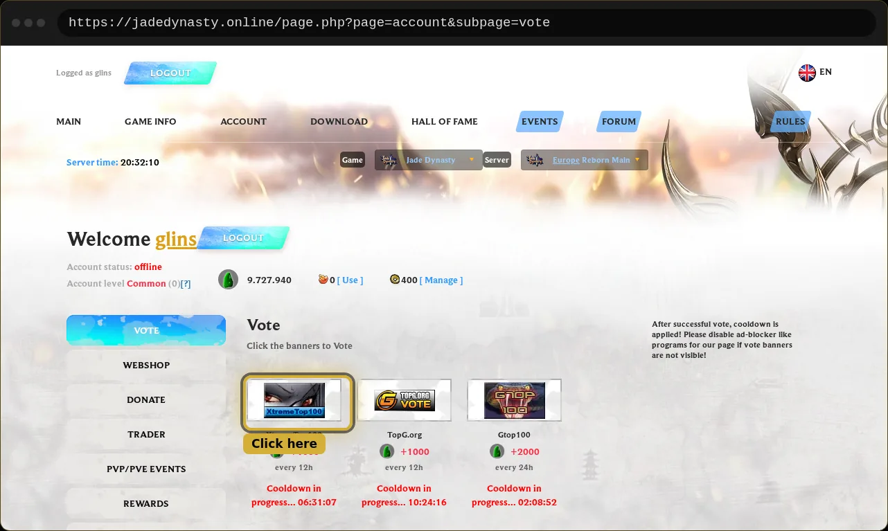 The Jade Dynasty Reborn vote page with the XtremeTop100 banner highlighted