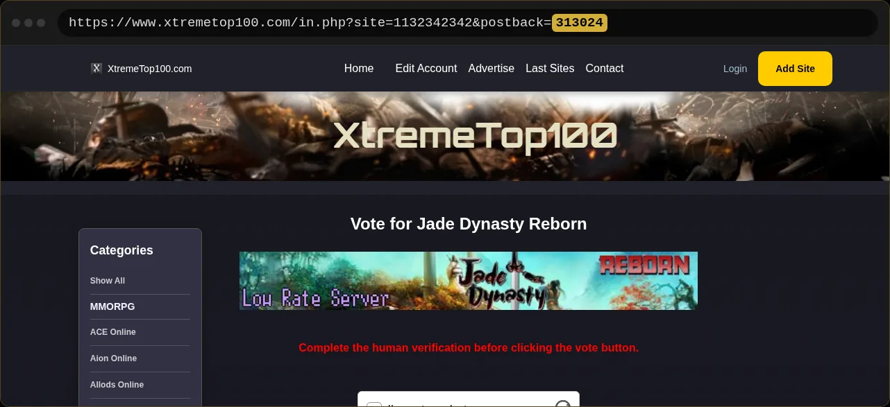 The XtremeTop100 vote page, with the postback value highlighted in the address bar